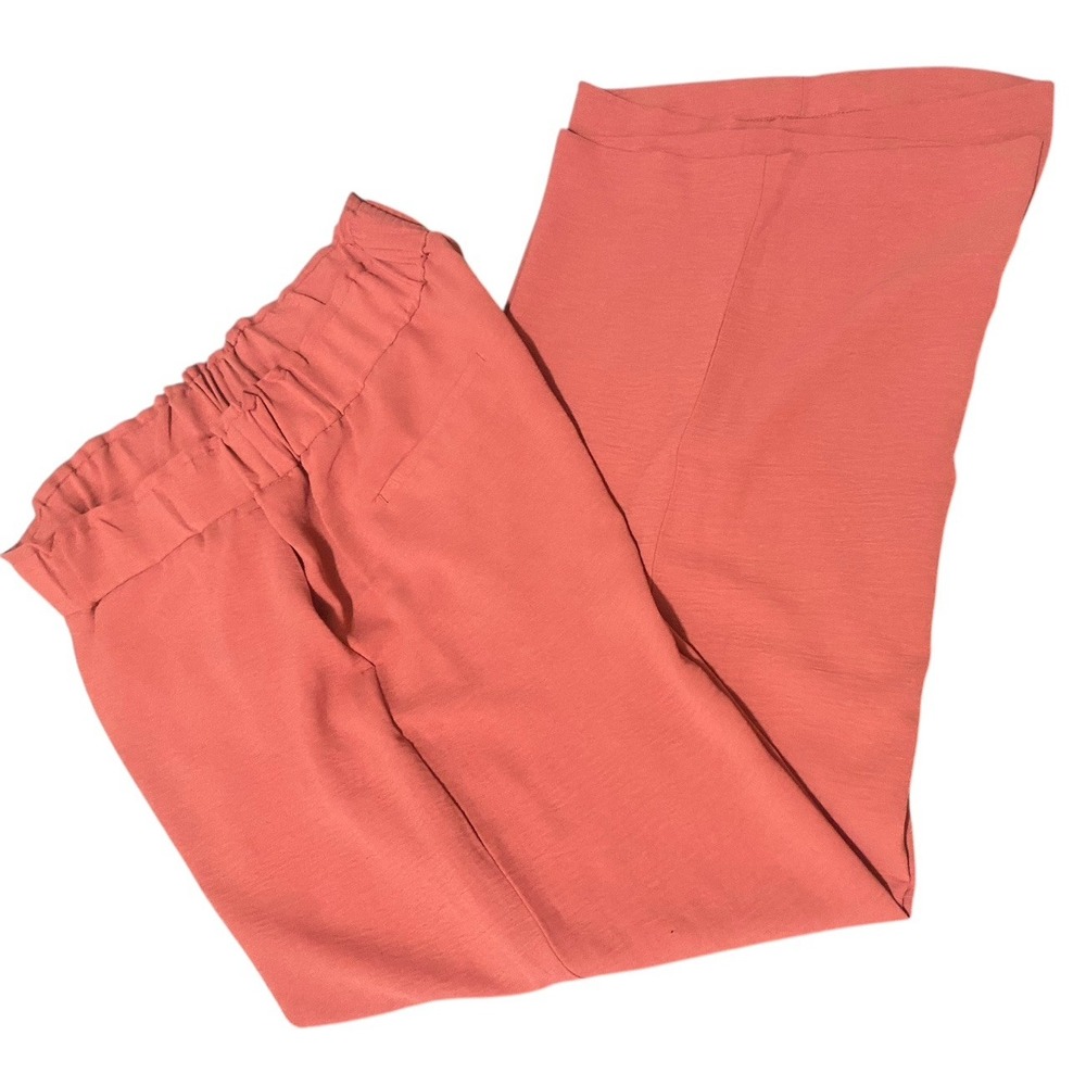 Hilary Radley Pants L Pull On Wide Leg Elastic Waist Dressy Flowy Coral Pockets
